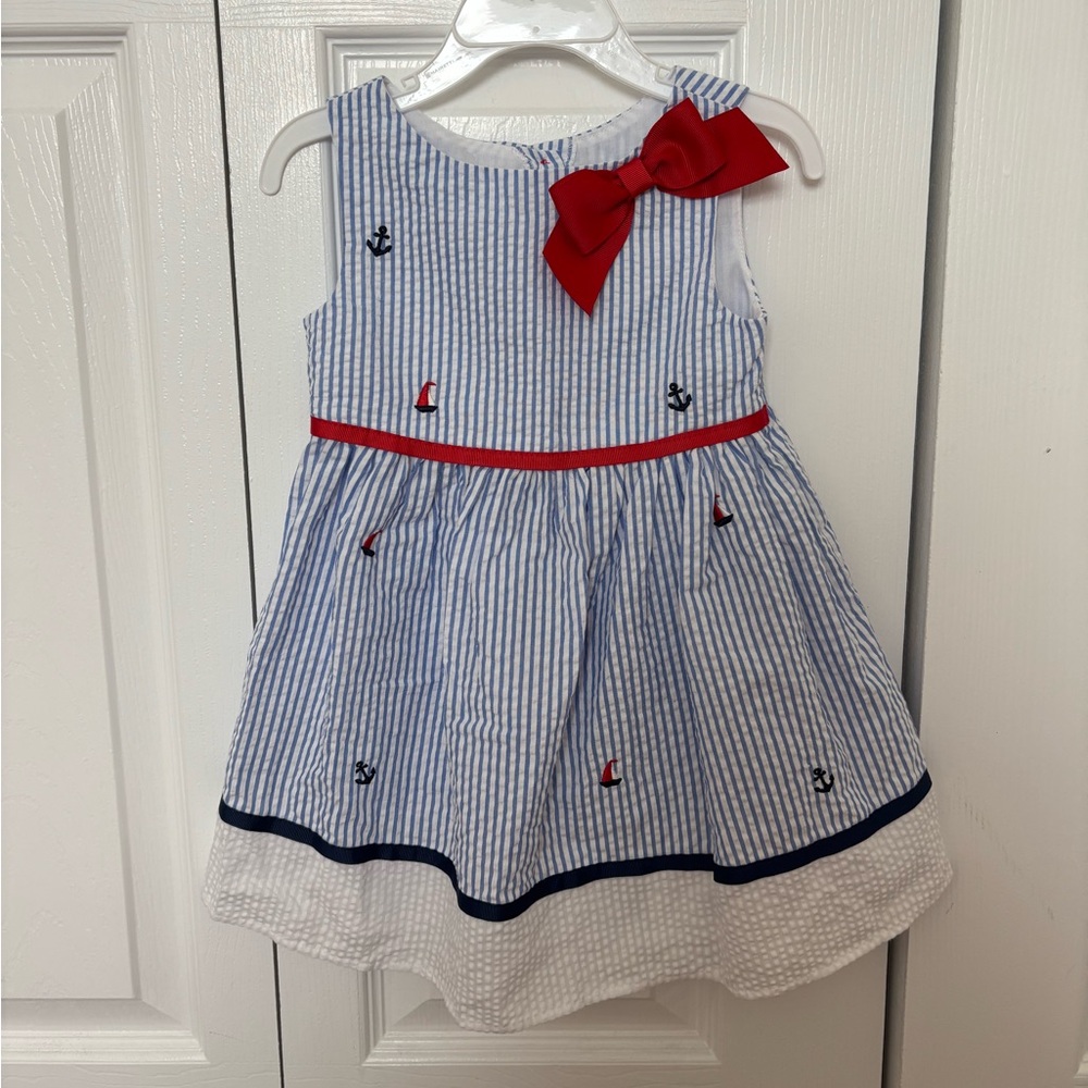 Rare Editions Nautical Striped Dress with Red Bow
